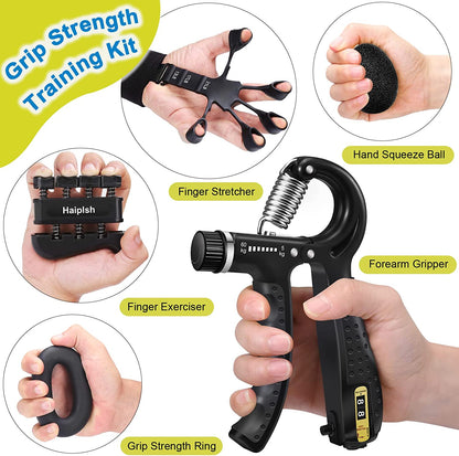 Grip Strength Trainer Kit (5 Pack) with Finger Exerciser, Hand Grip Strengthener, Hand Extension Exerciser, Stress Relief Ball and Forearm Workout Ring for Muscle Building and Injury Recover, Silicone